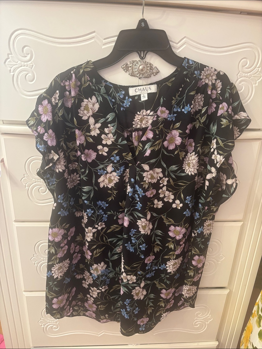 Chaus V Neck Black Floral Blouse with Ruffle Sleeves